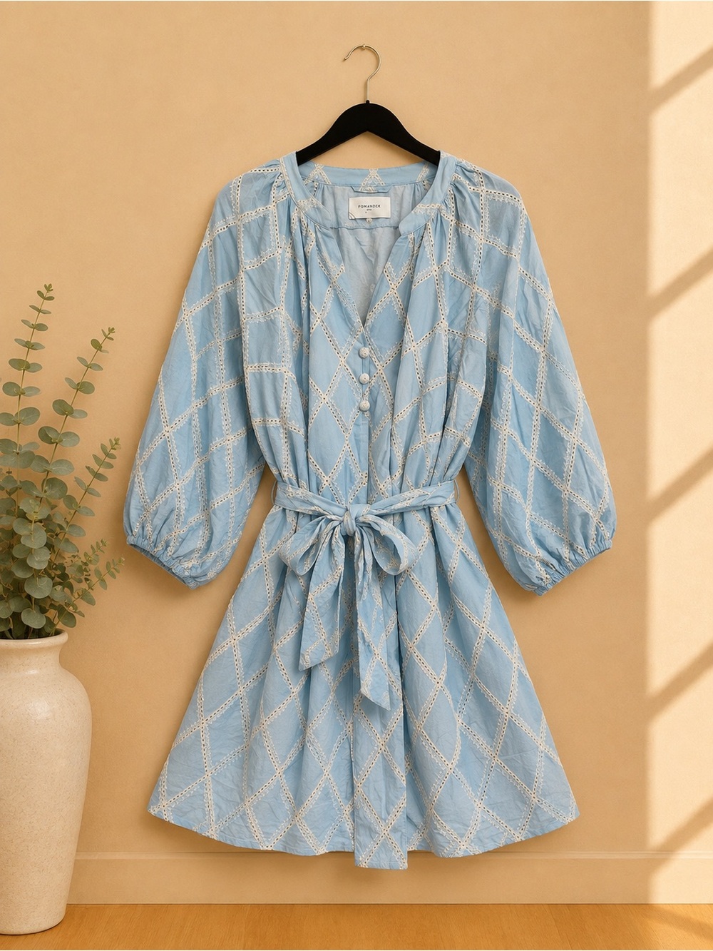 Light Blue Lace-Trim Cotton Blend Dress with Tie Waist